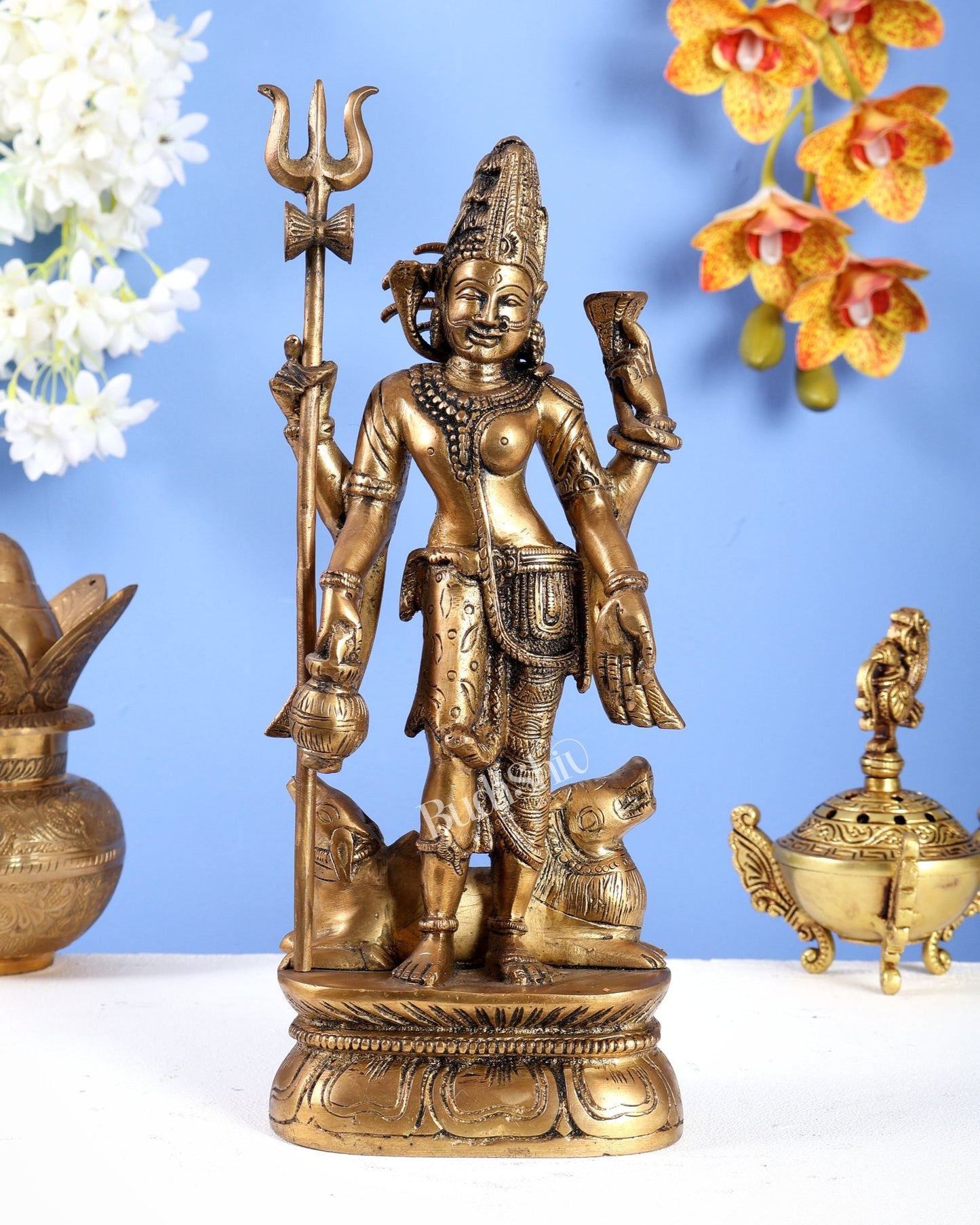 Antique tone Brass Ardhanarishwara Idol - 12 Inch - Budhshiv.com