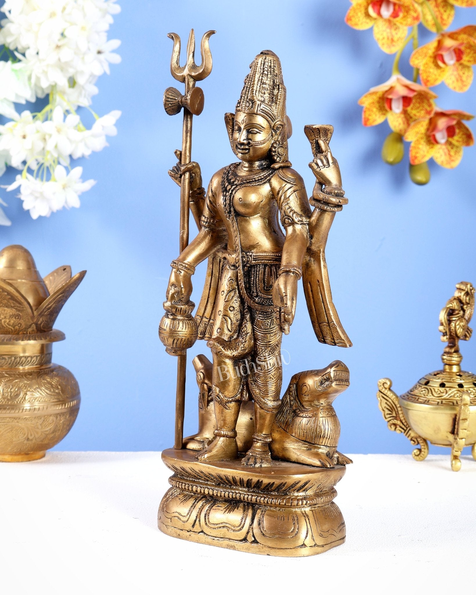 Antique tone Brass Ardhanarishwara Idol - 12 Inch - Budhshiv.com