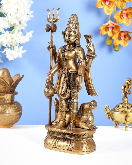 Antique tone Brass Ardhanarishwara Idol - 12 Inch - Budhshiv.com