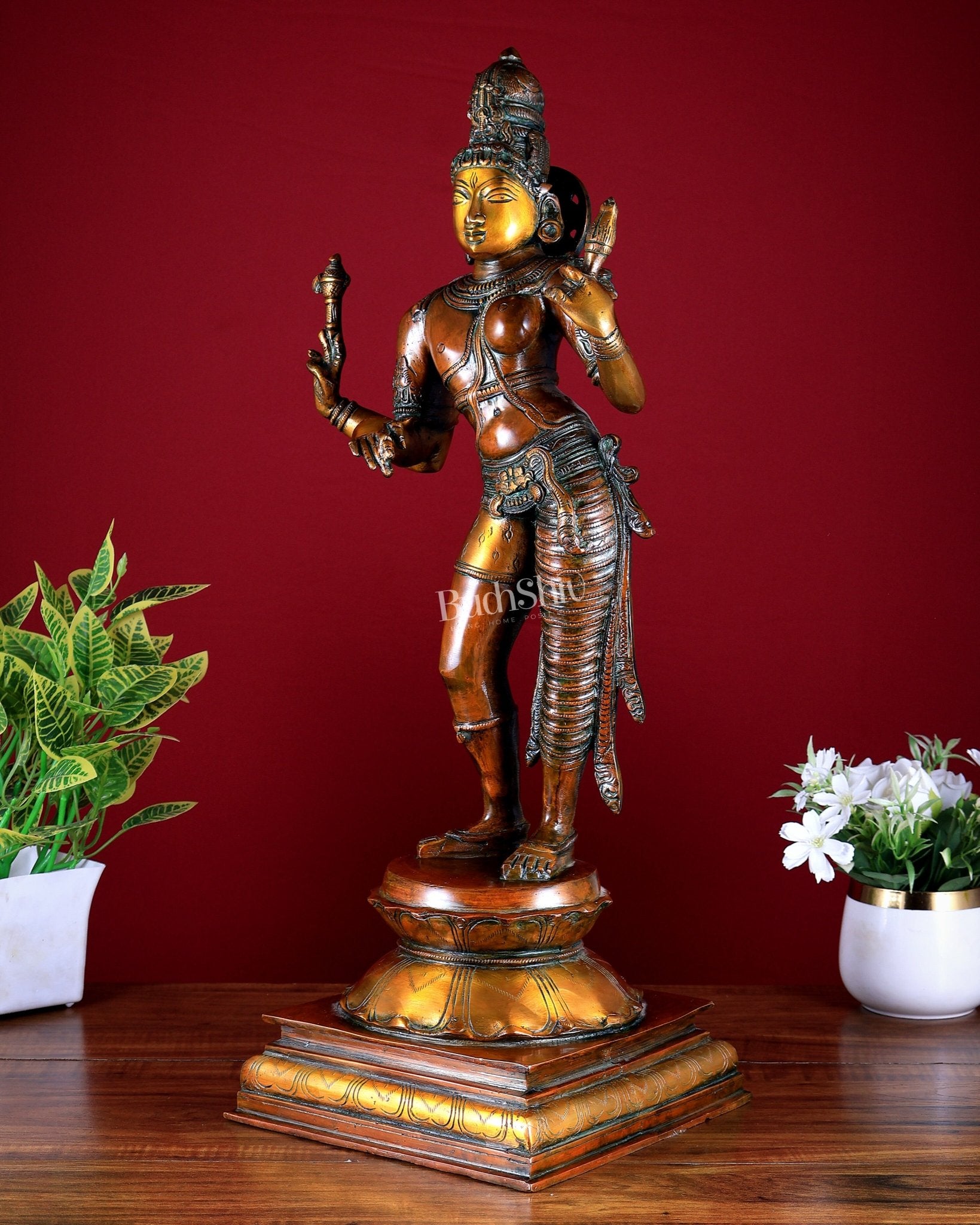 Ardhanarishwara Shiv Parvati as one Brass statue 23" chola tone - Budhshiv.com