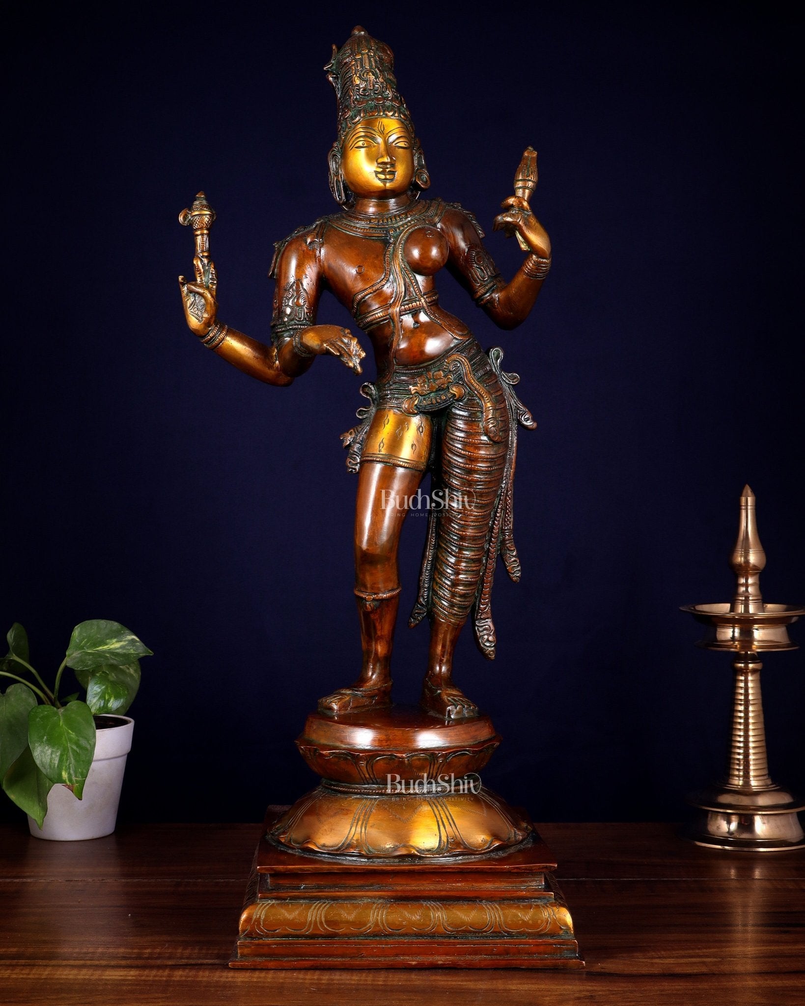 Ardhanarishwara Shiv Parvati as one Brass statue 23" chola tone - Budhshiv.com