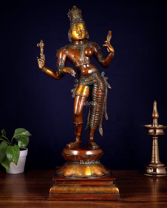 Ardhanarishwara Shiv Parvati as one Brass statue 23" chola tone - Budhshiv.com