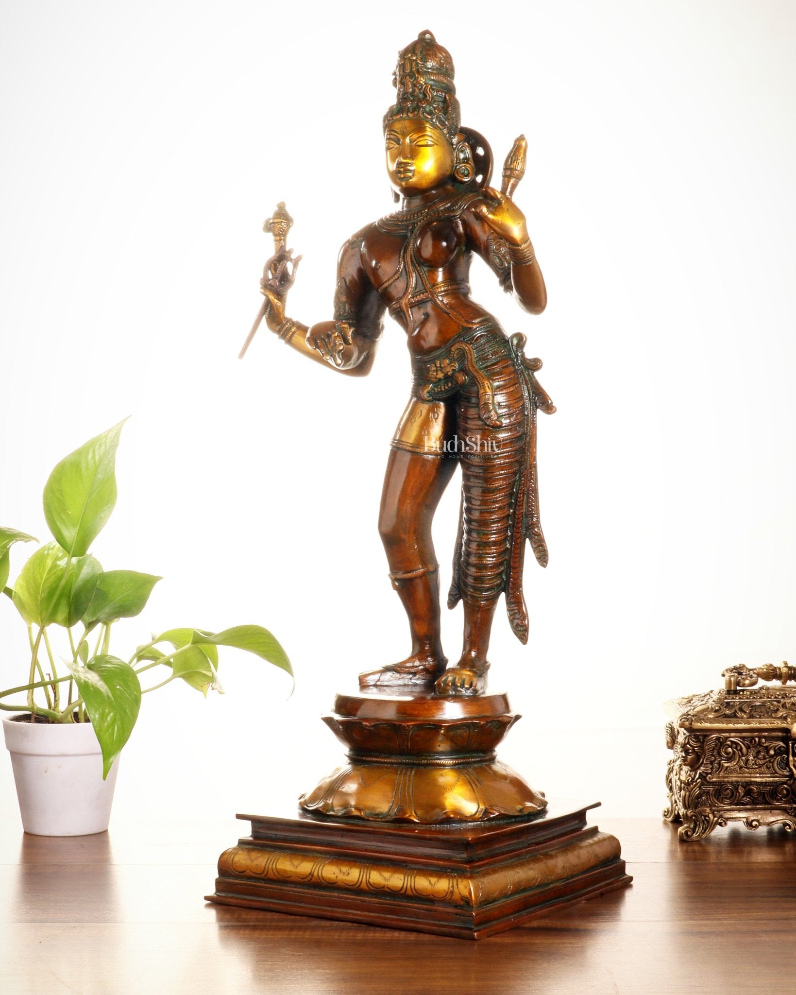Ardhanarishwara Shiv Parvati as one Brass statue 23" chola tone - Budhshiv.com