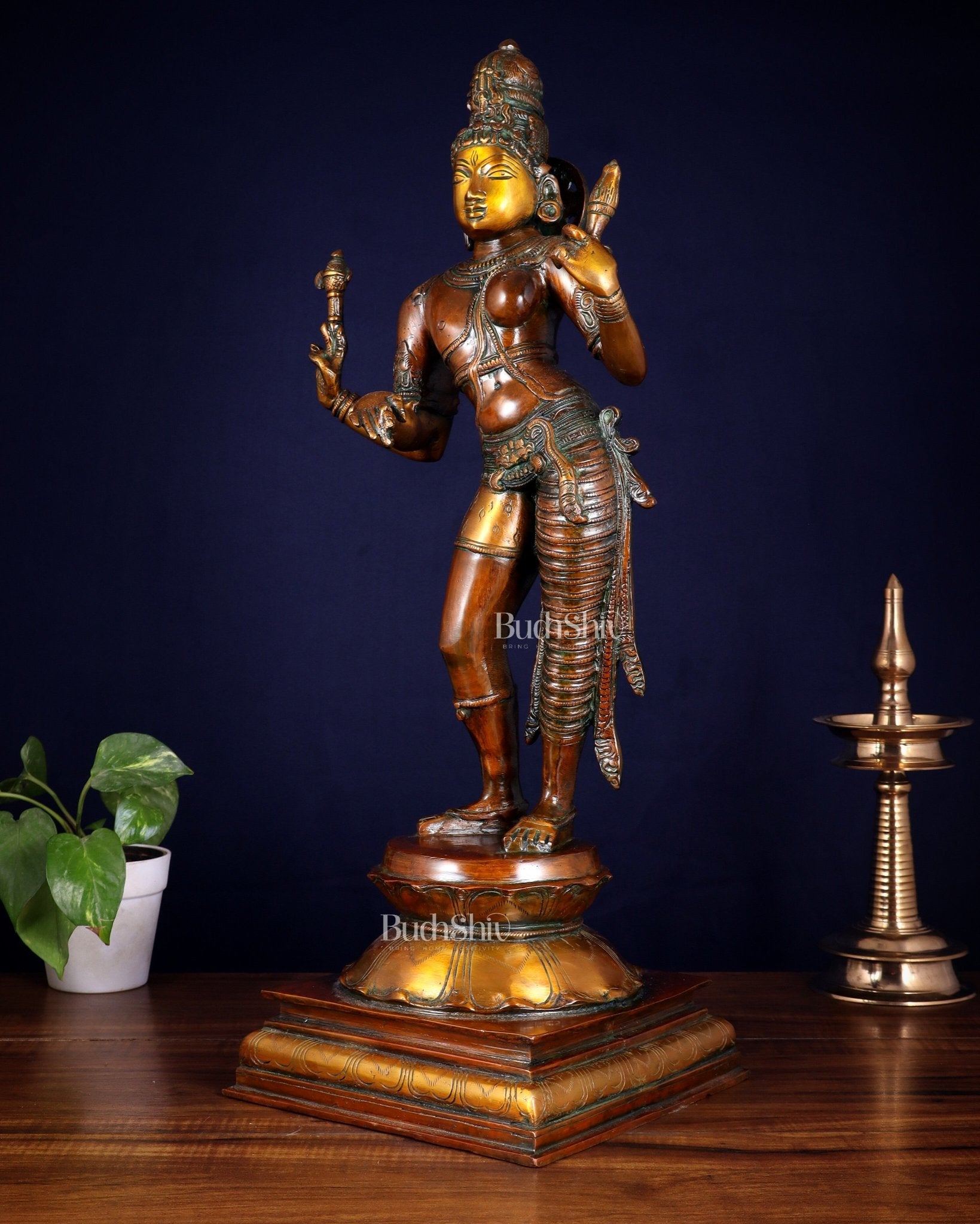 Ardhanarishwara Shiv Parvati as one Brass statue 23" chola tone - Budhshiv.com