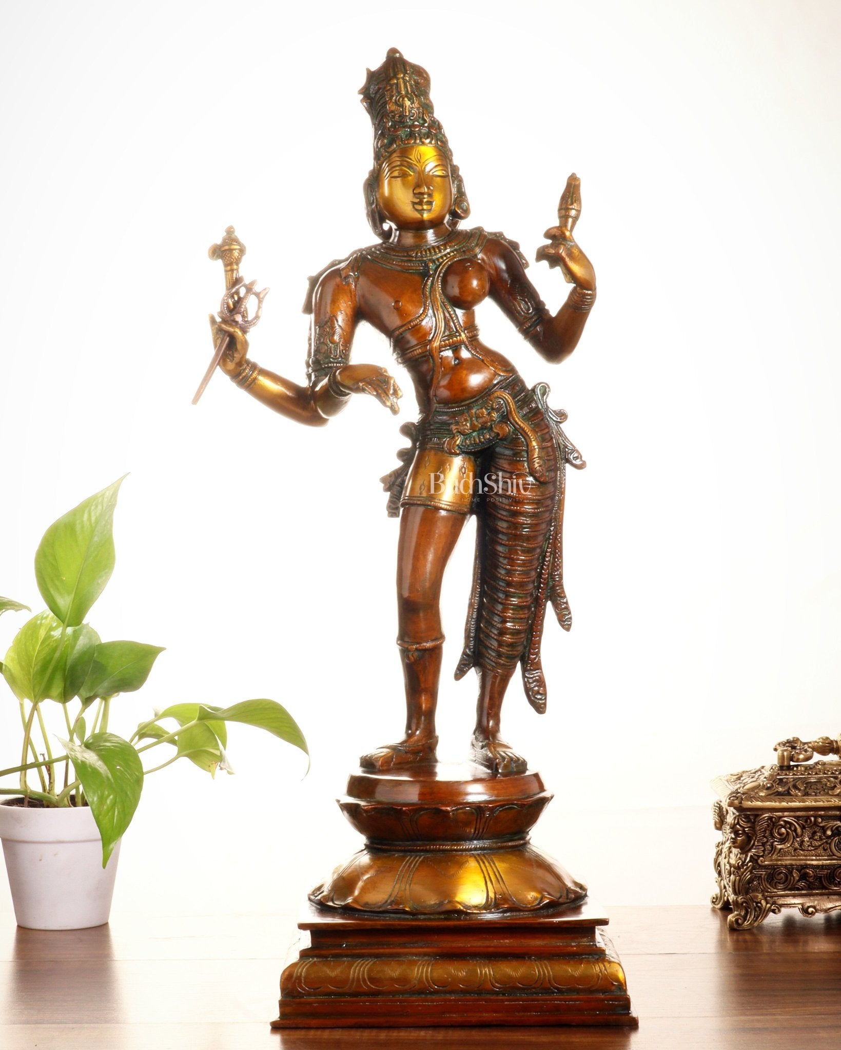 Ardhanarishwara Shiv Parvati as one Brass statue 23" chola tone - Budhshiv.com