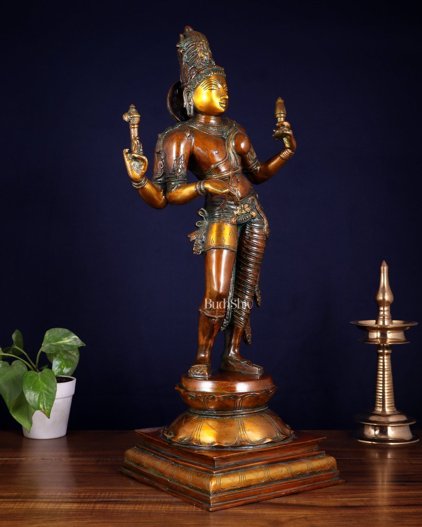 Ardhanarishwara Shiv Parvati as one Brass statue 23" chola tone - Budhshiv.com