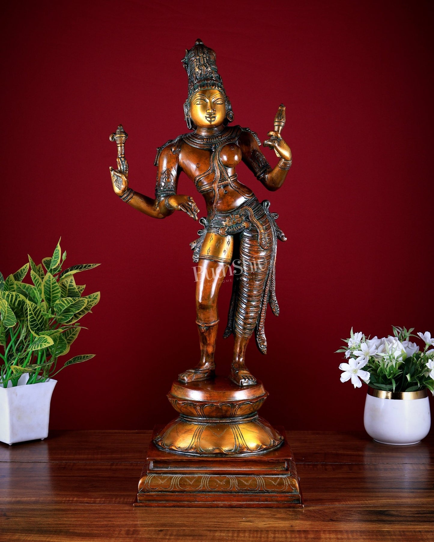 Ardhanarishwara Shiv Parvati as one Brass statue 23" chola tone - Budhshiv.com