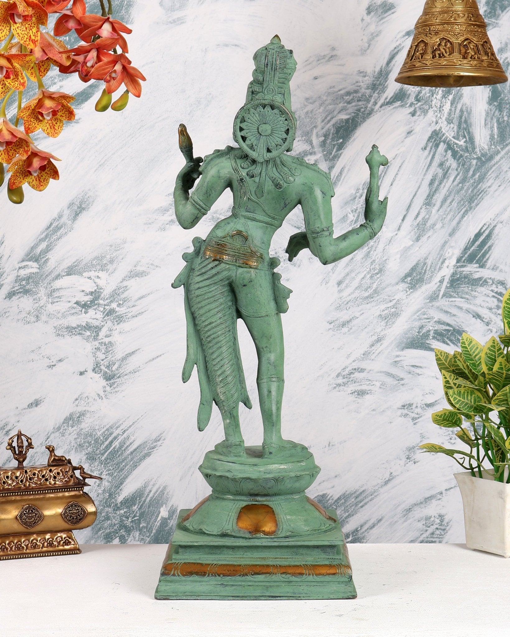 Ardhanarishwara Shiv Parvati as one Brass statue 23" green patina - Budhshiv.com