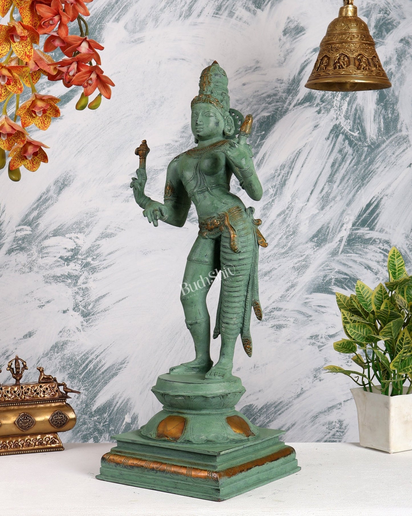 Ardhanarishwara Shiv Parvati as one Brass statue 23" green patina - Budhshiv.com