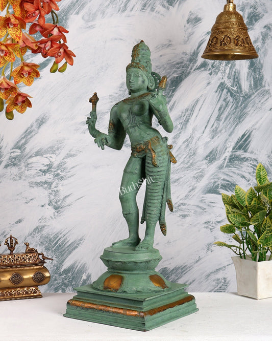Ardhanarishwara Shiv Parvati as one Brass statue 23" green patina - Budhshiv.com