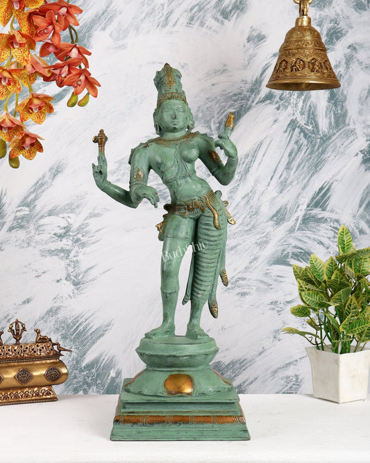 Ardhanarishwara Shiv Parvati as one Brass statue 23" green patina - Budhshiv.com