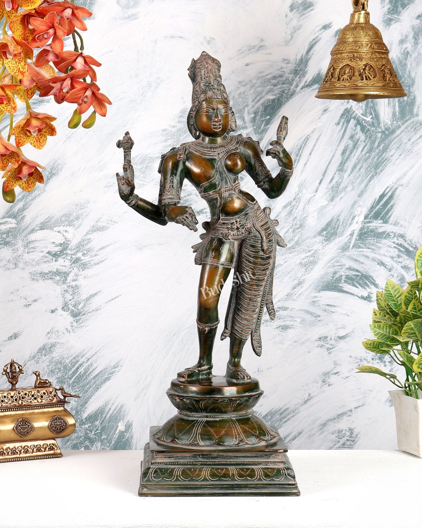 Ardhanarishwara Shiv Parvati as one Brass statue 23" Vintage patina - Budhshiv.com