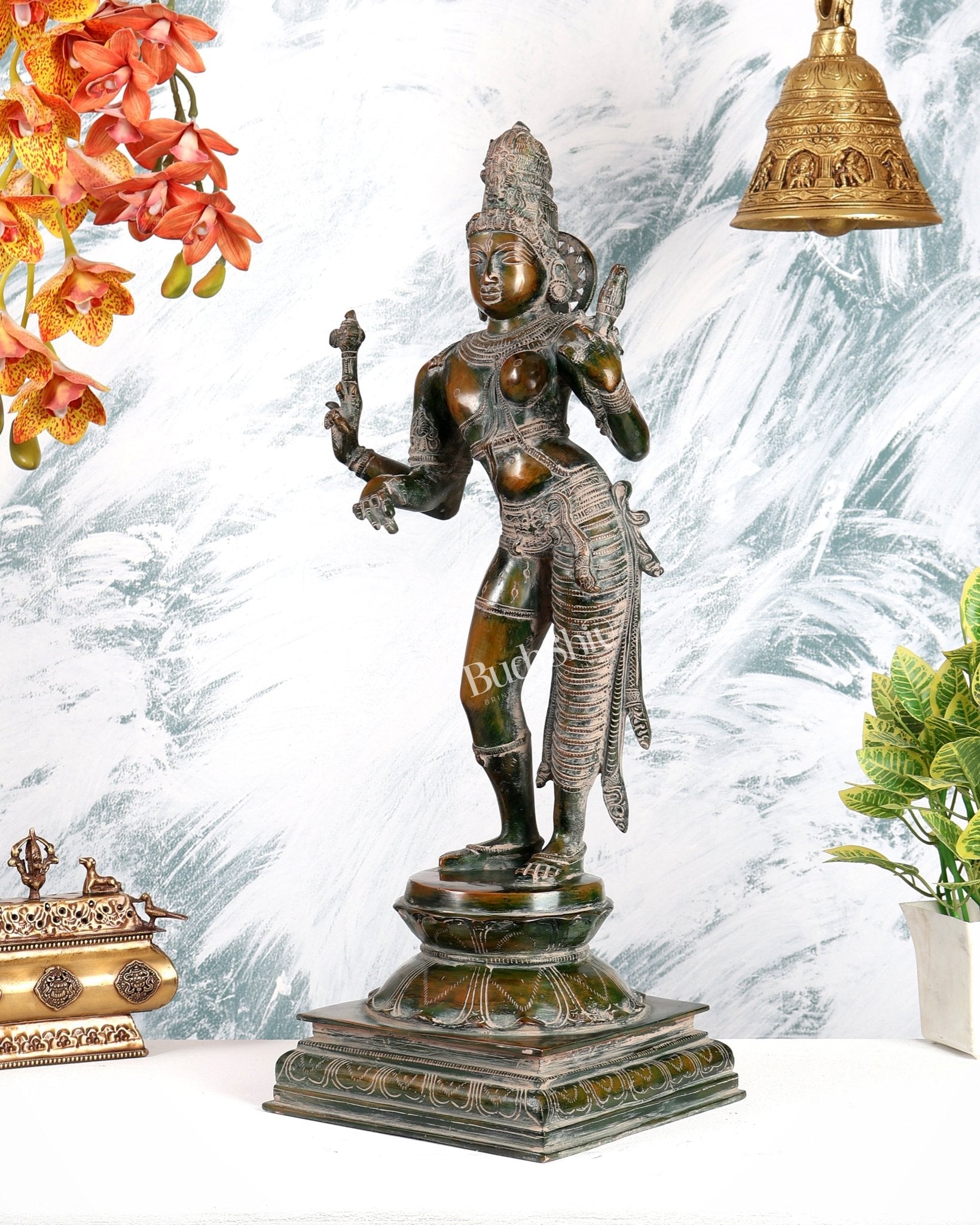 Ardhanarishwara Shiv Parvati as one Brass statue 23" Vintage patina - Budhshiv.com