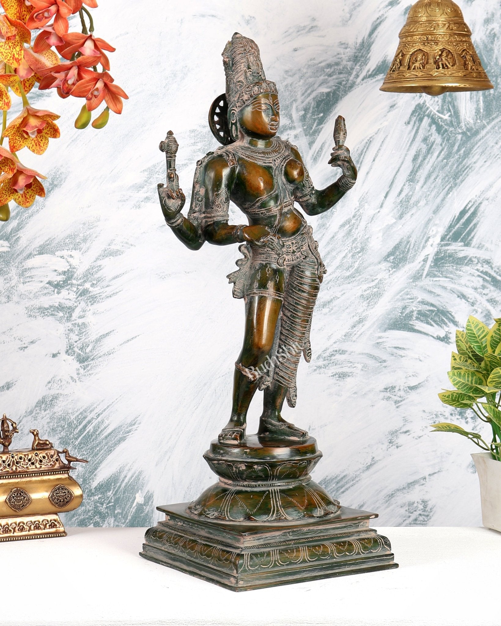 Ardhanarishwara Shiv Parvati as one Brass statue 23" Vintage patina - Budhshiv.com