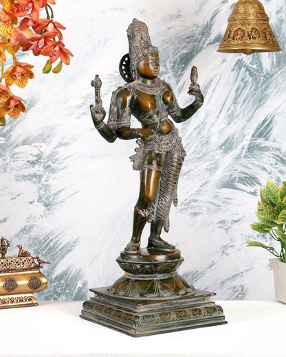 Ardhanarishwara Shiv Parvati as one Brass statue 23" Vintage patina - Budhshiv.com