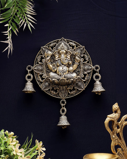 Auspicious Brass Ganesh Round Wall Hanging with Bells 7" - Budhshiv.com