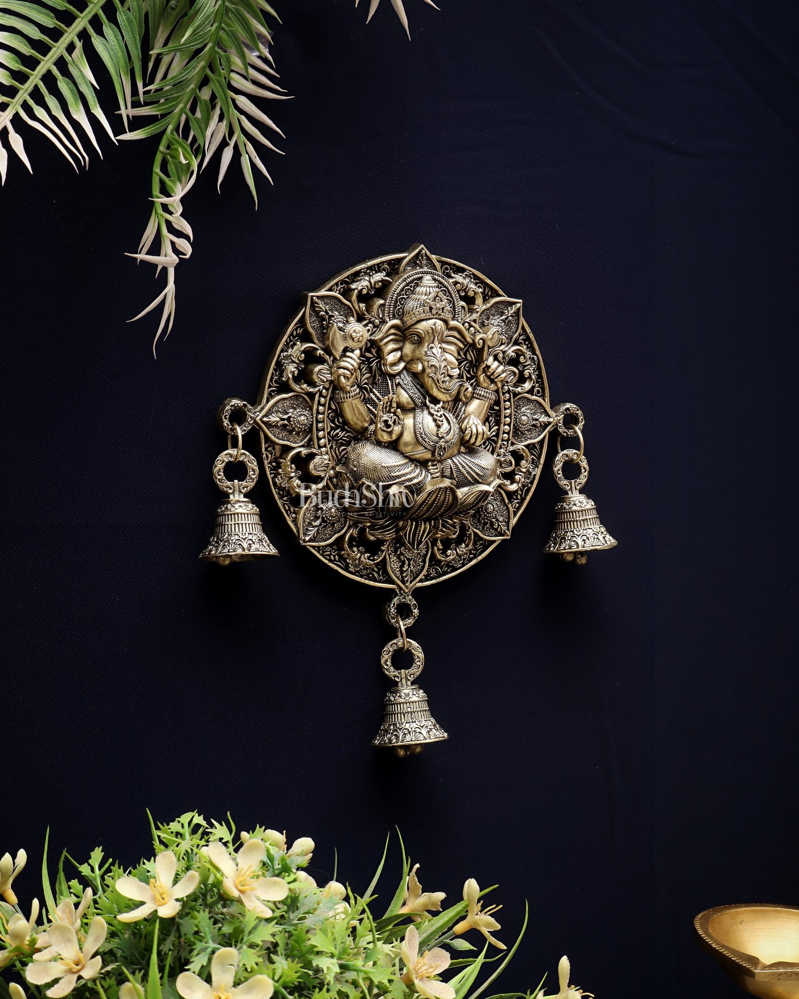 Auspicious Brass Ganesh Round Wall Hanging with Bells 7" - Budhshiv.com