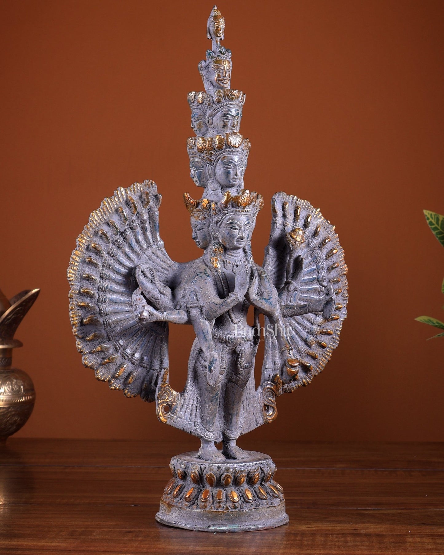 Avalokiteshvara Brass Statue with Eleven Heads & Multiple Arms 14 inch - Budhshiv.com