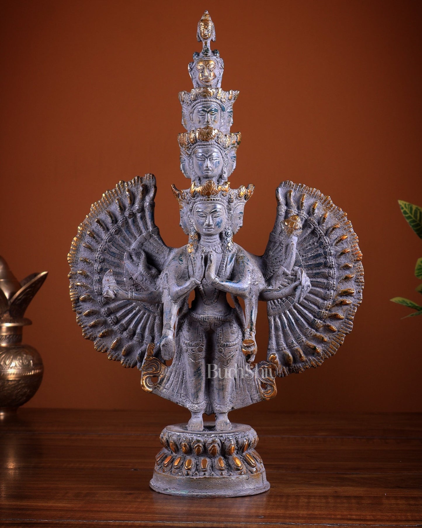 Avalokiteshvara Brass Statue with Eleven Heads & Multiple Arms 14 inch - Budhshiv.com