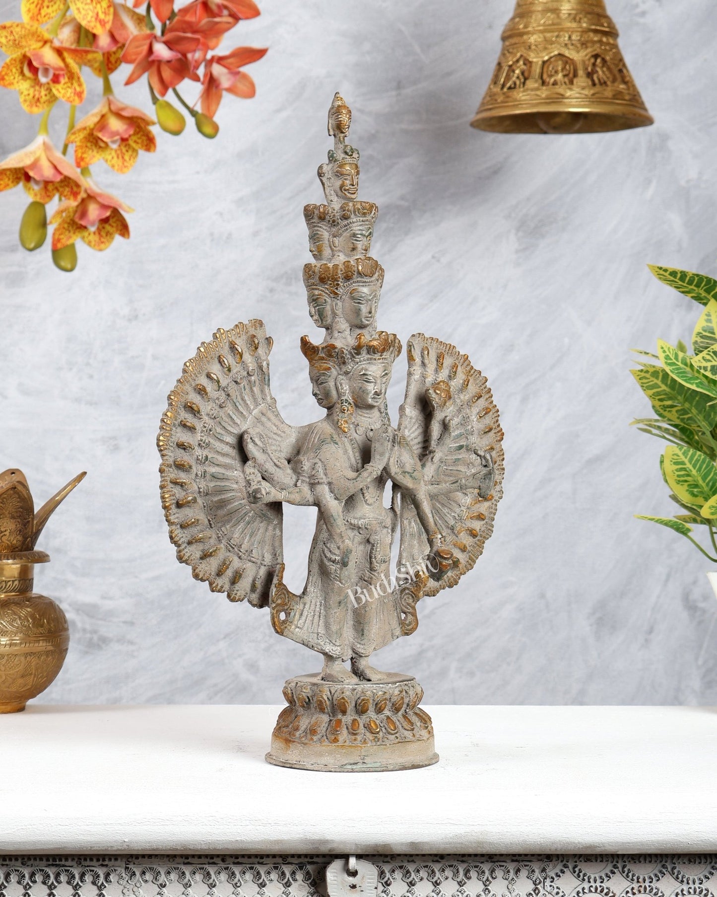 Avalokiteshvara Brass Statue with Eleven Heads & Multiple Arms 14 inch - Budhshiv.com