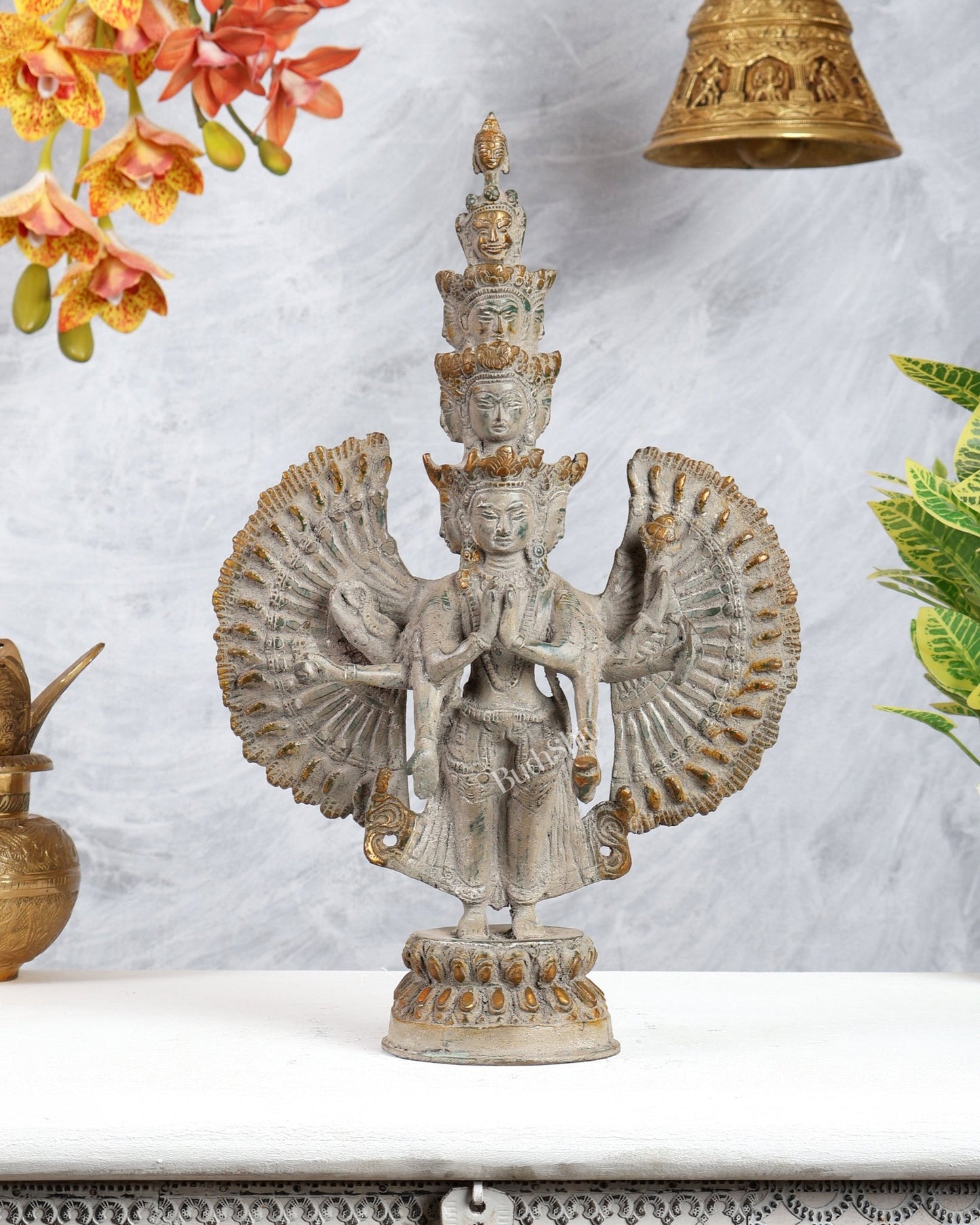 Avalokiteshvara Brass Statue with Eleven Heads & Multiple Arms 14 inch - Budhshiv.com