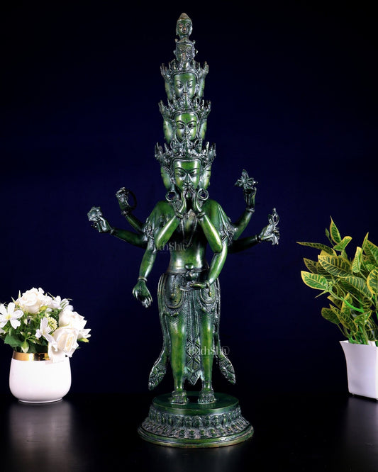 Avalokiteshvara Eleven - Headed Eight - Armed Statue in Brass – Antique Green Patina, 23.2" - Budhshiv.com