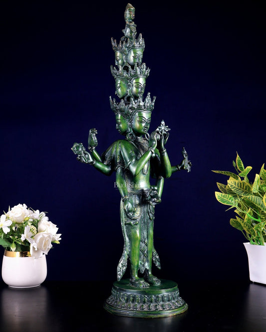 Avalokiteshvara Eleven - Headed Eight - Armed Statue in Brass – Antique Green Patina, 23.2" - Budhshiv.com