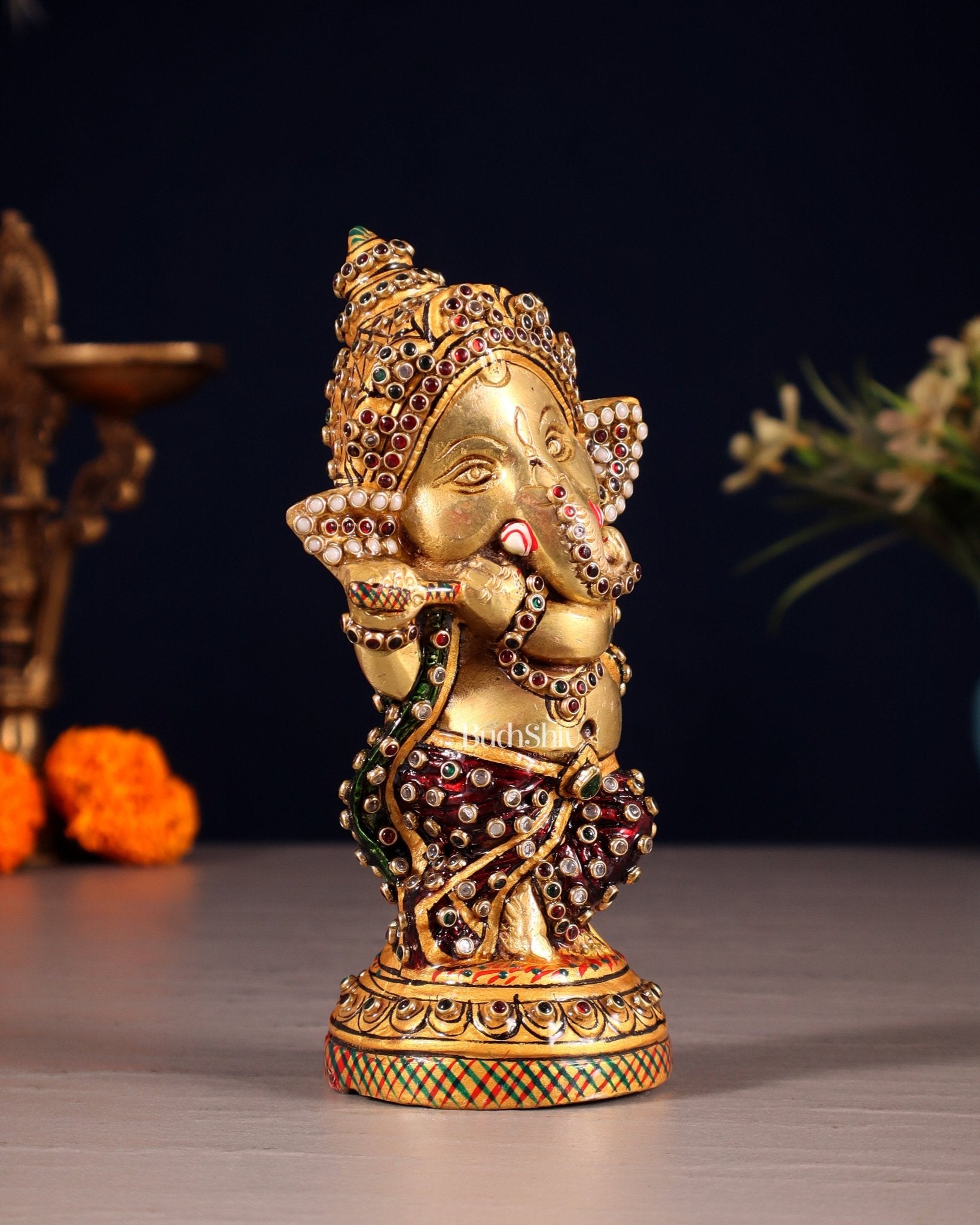 Baby Flute Ganesha Brass Idol laakh meenakari 5.5" - Budhshiv.com