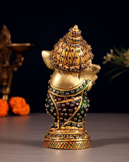 Baby Flute Ganesha Brass Idol laakh meenakari 5.5" - Budhshiv.com