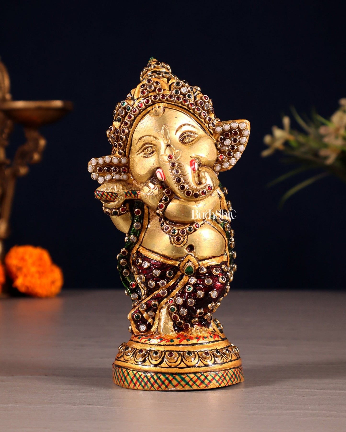 Baby Flute Ganesha Brass Idol laakh meenakari 5.5" - Budhshiv.com