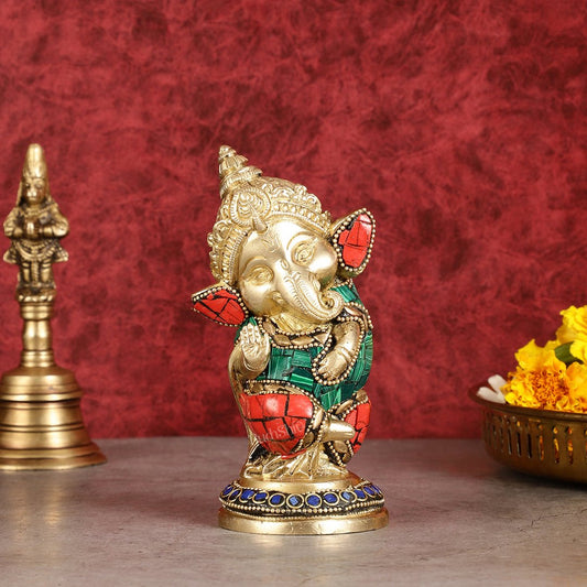 Baby Ganesha Aashirwaad Brass Idol - Perfect for Office Desk, Study Table, Temple - stonework - Budhshiv.com