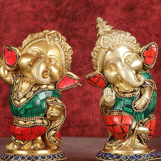 Baby Ganesha Brass Idols pair 5 " Stonework - Budhshiv.com