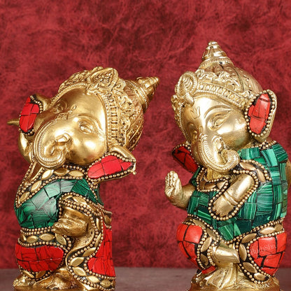 Baby Ganesha Brass Idols pair 5 " Stonework - Budhshiv.com