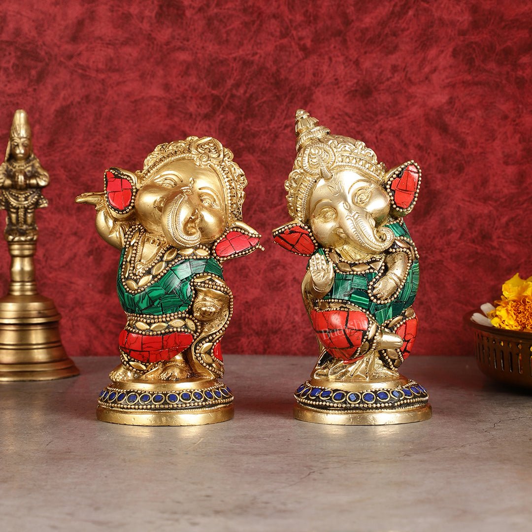 Baby Ganesha Brass Idols pair 5 " Stonework - Budhshiv.com