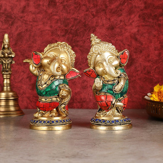 Baby Ganesha Brass Idols pair 5 " Stonework - Budhshiv.com