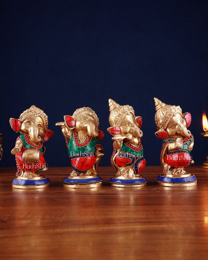 Baby Ganesha Brass Idols set 5" Stonework - Budhshiv.com