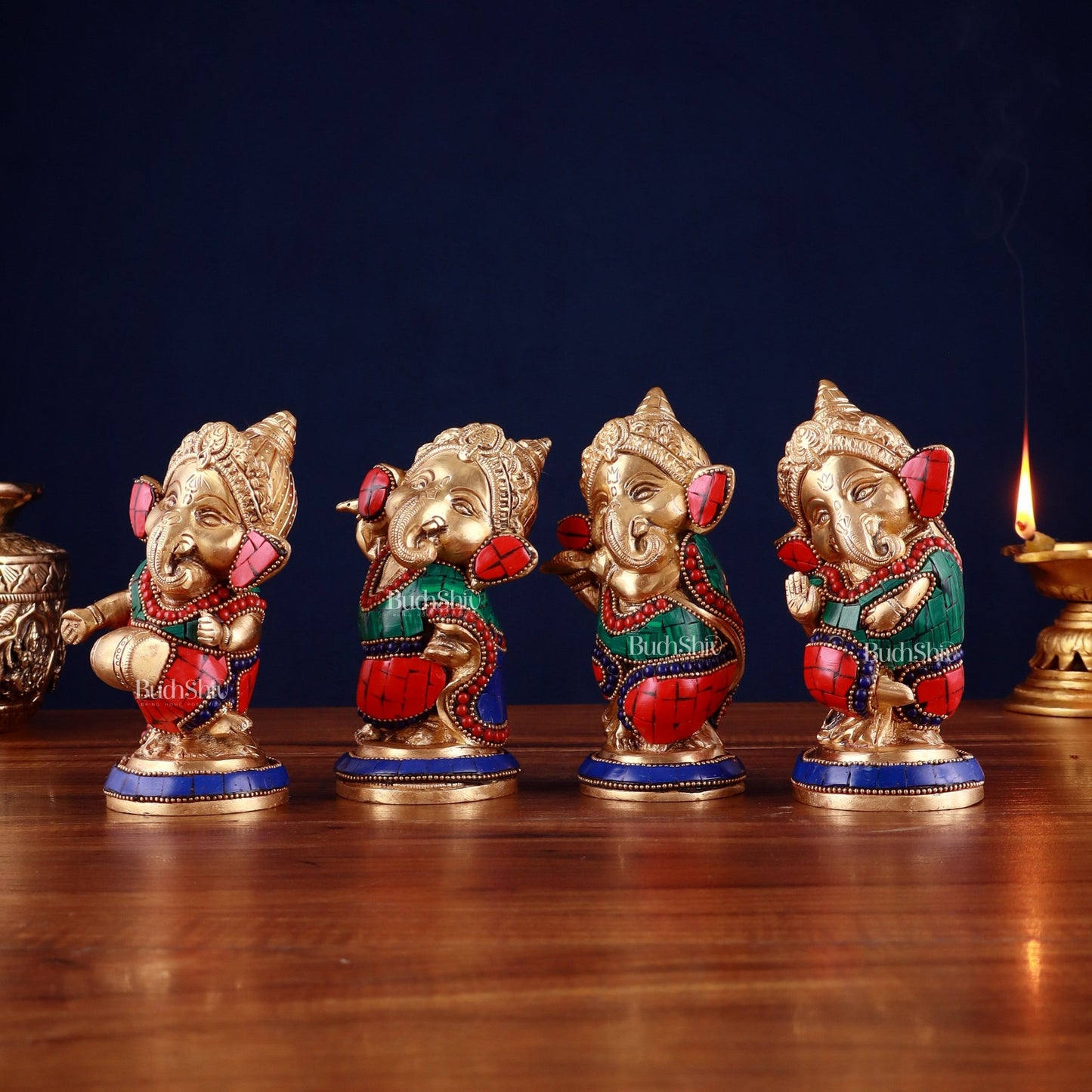 Baby Ganesha Brass Idols set 5" Stonework - Budhshiv.com