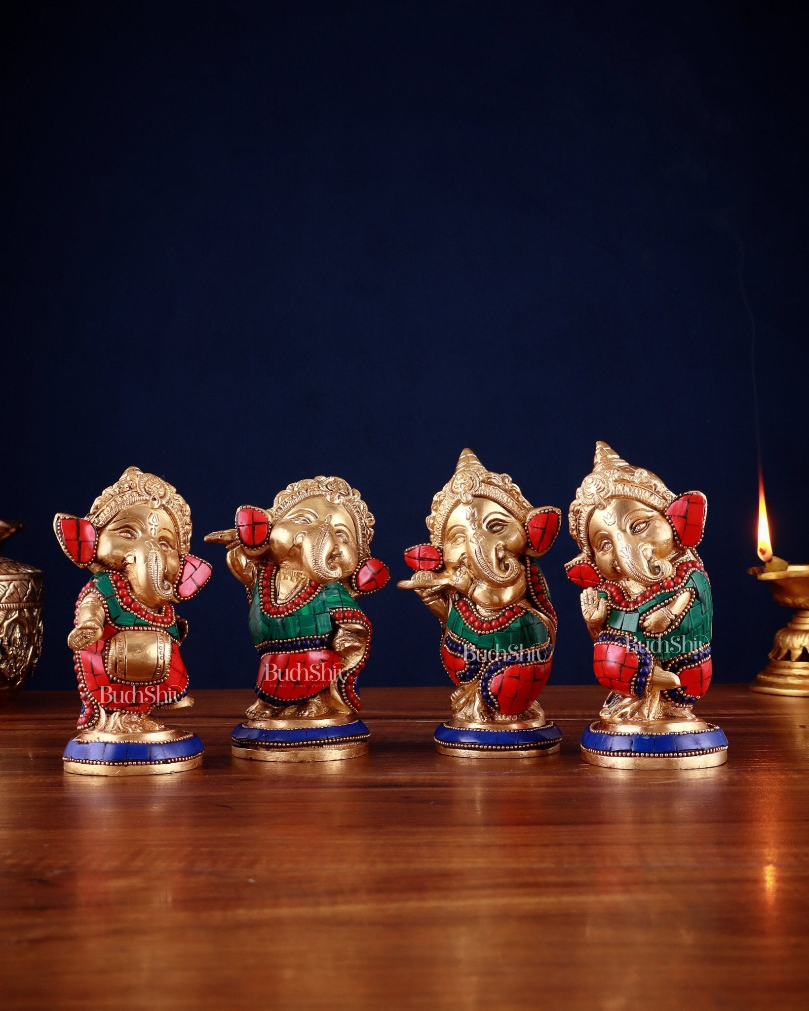 Baby Ganesha Brass Idols set 5" Stonework - Budhshiv.com