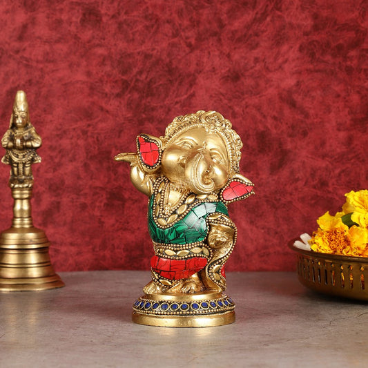 Baby Ganesha Dancing Brass Idol 5" Perfect for Office Desk, Study Table, Temple - stonework - Budhshiv.com
