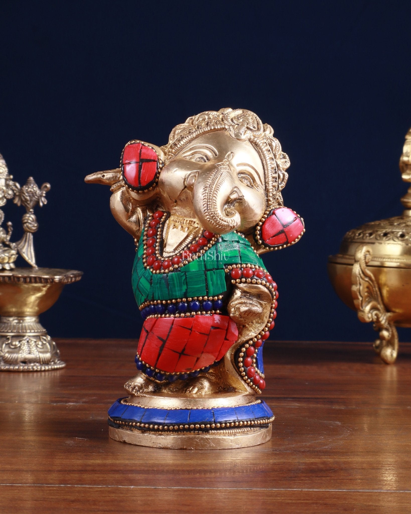 Baby Ganesha Dancing Brass Idol 5" Stonework - Budhshiv.com