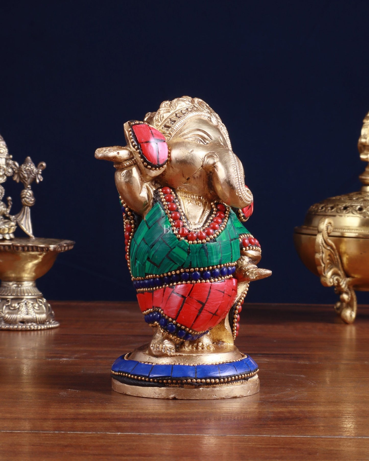 Baby Ganesha Dancing Brass Idol 5" Stonework - Budhshiv.com