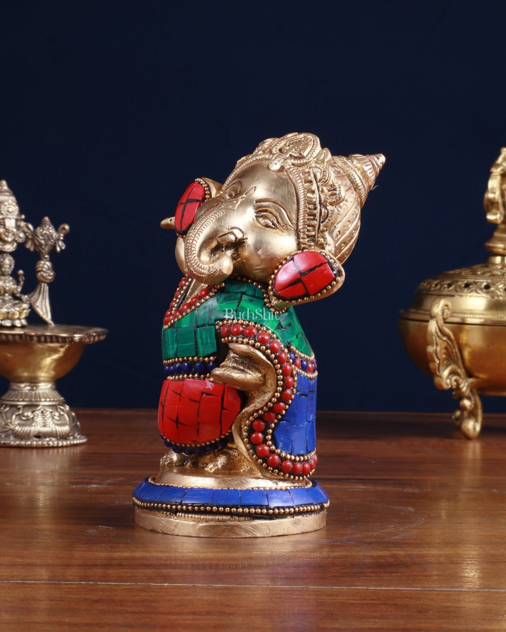 Baby Ganesha Dancing Brass Idol 5" Stonework - Budhshiv.com