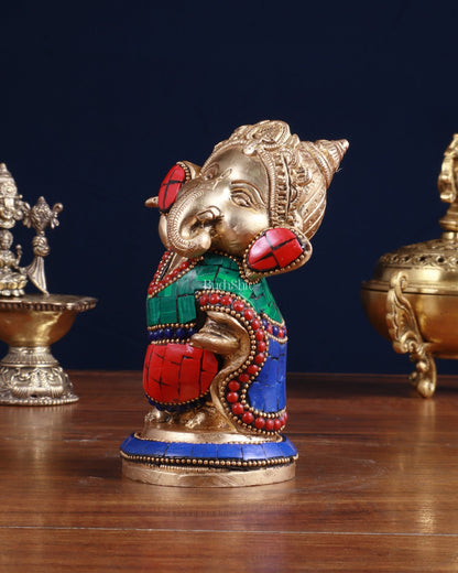 Baby Ganesha Dancing Brass Idol 5" Stonework - Budhshiv.com