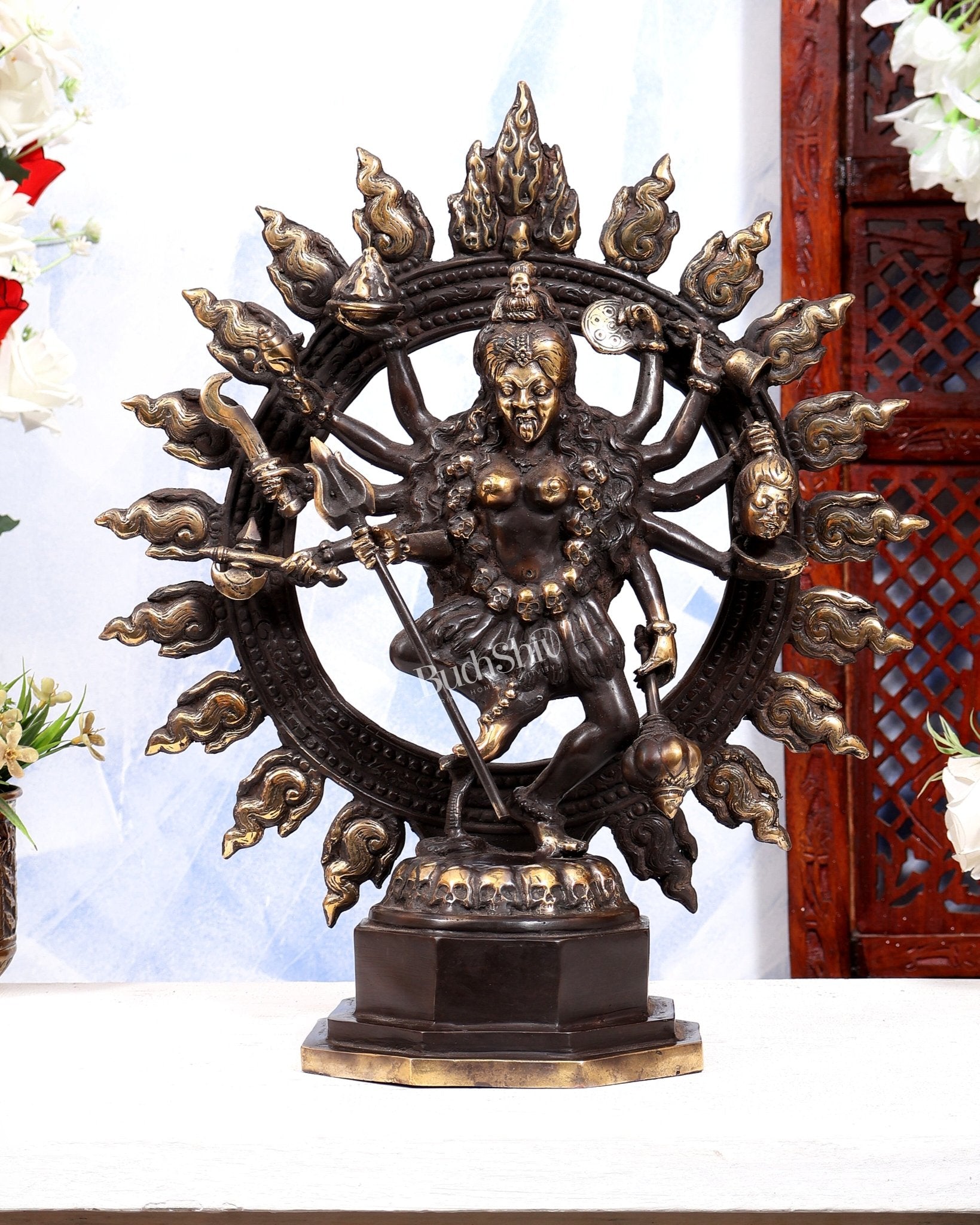 Balinese Bronze Fierce Dancing Kali Sculpture | Shamshana Kali on Skulls | Tantric Powerful Presence - Budhshiv.com