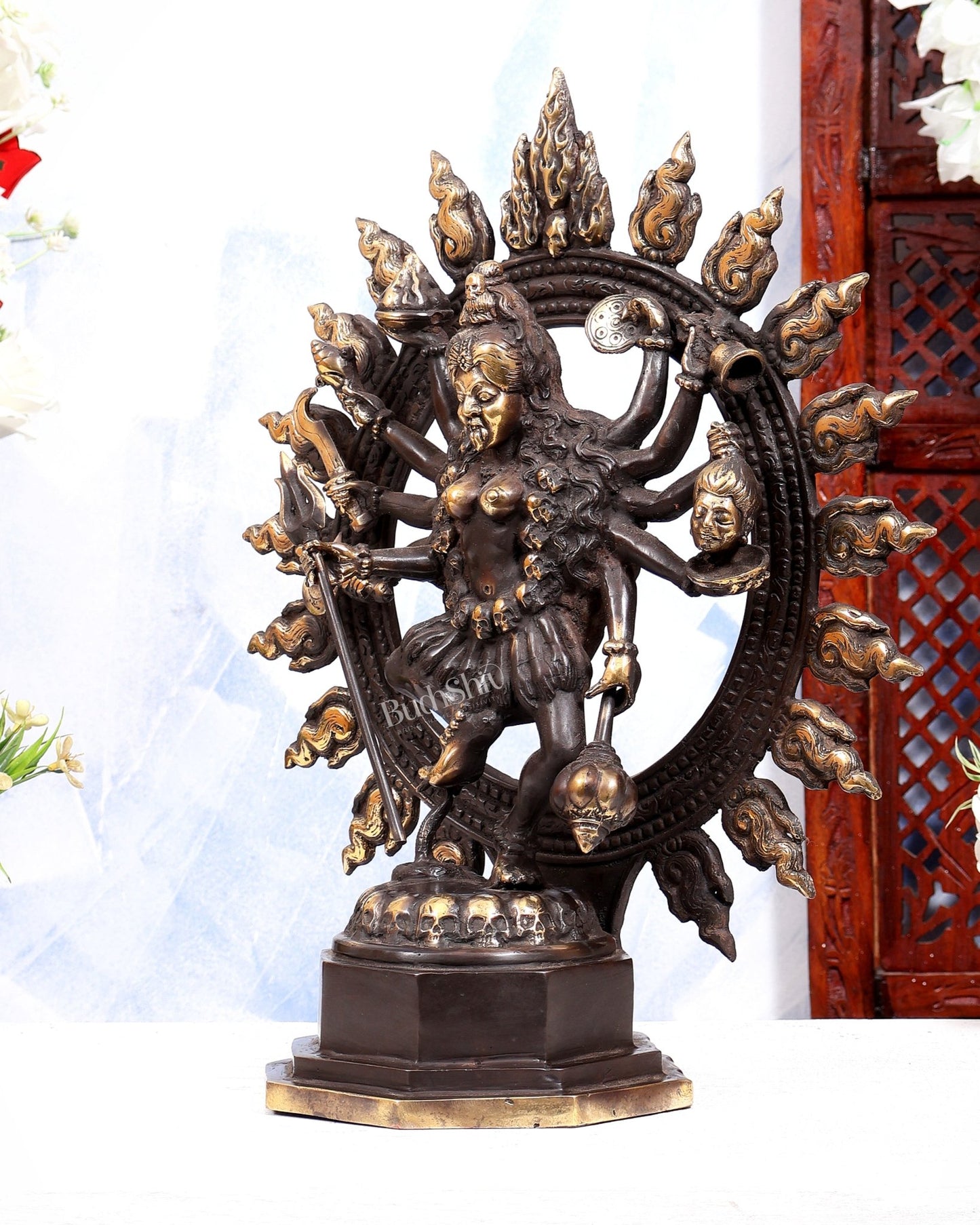 Balinese Bronze Fierce Dancing Kali Sculpture | Shamshana Kali on Skulls | Tantric Powerful Presence - Budhshiv.com