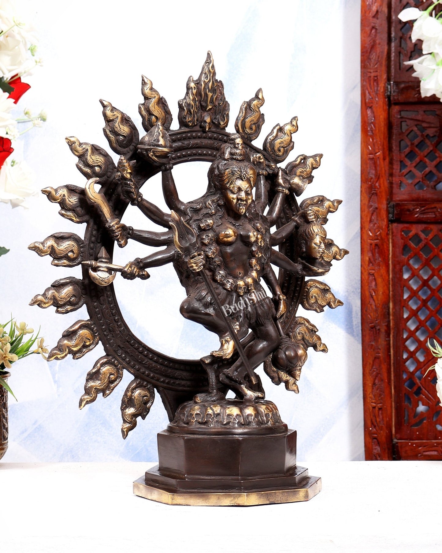 Balinese Bronze Fierce Dancing Kali Sculpture | Shamshana Kali on Skulls | Tantric Powerful Presence - Budhshiv.com