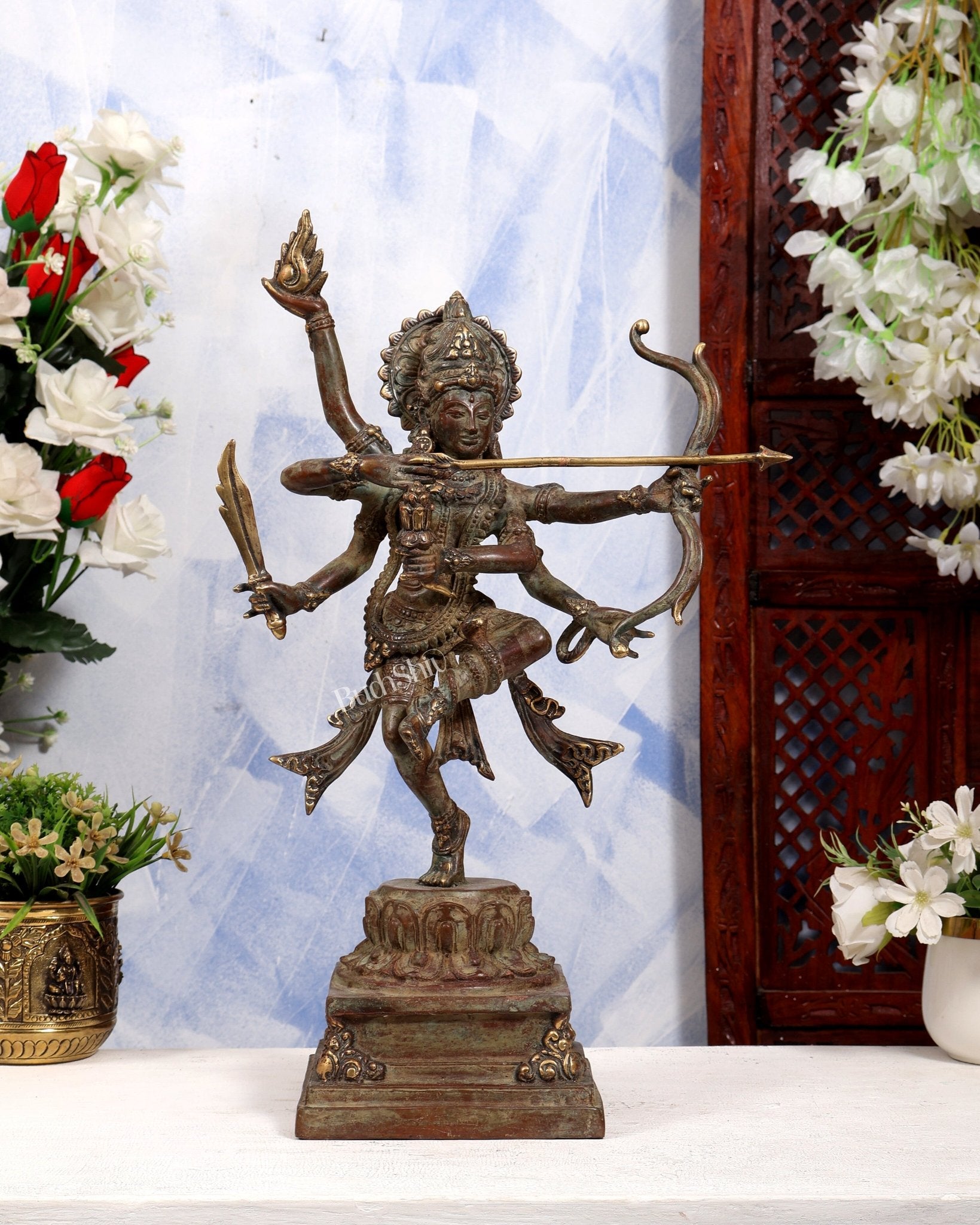 Balinese Bronze Goddess Durga Shakti Shooting Arrow Sculpture | Pure Bronze Warrior Goddess | Sacred Art 18 inch - Budhshiv.com