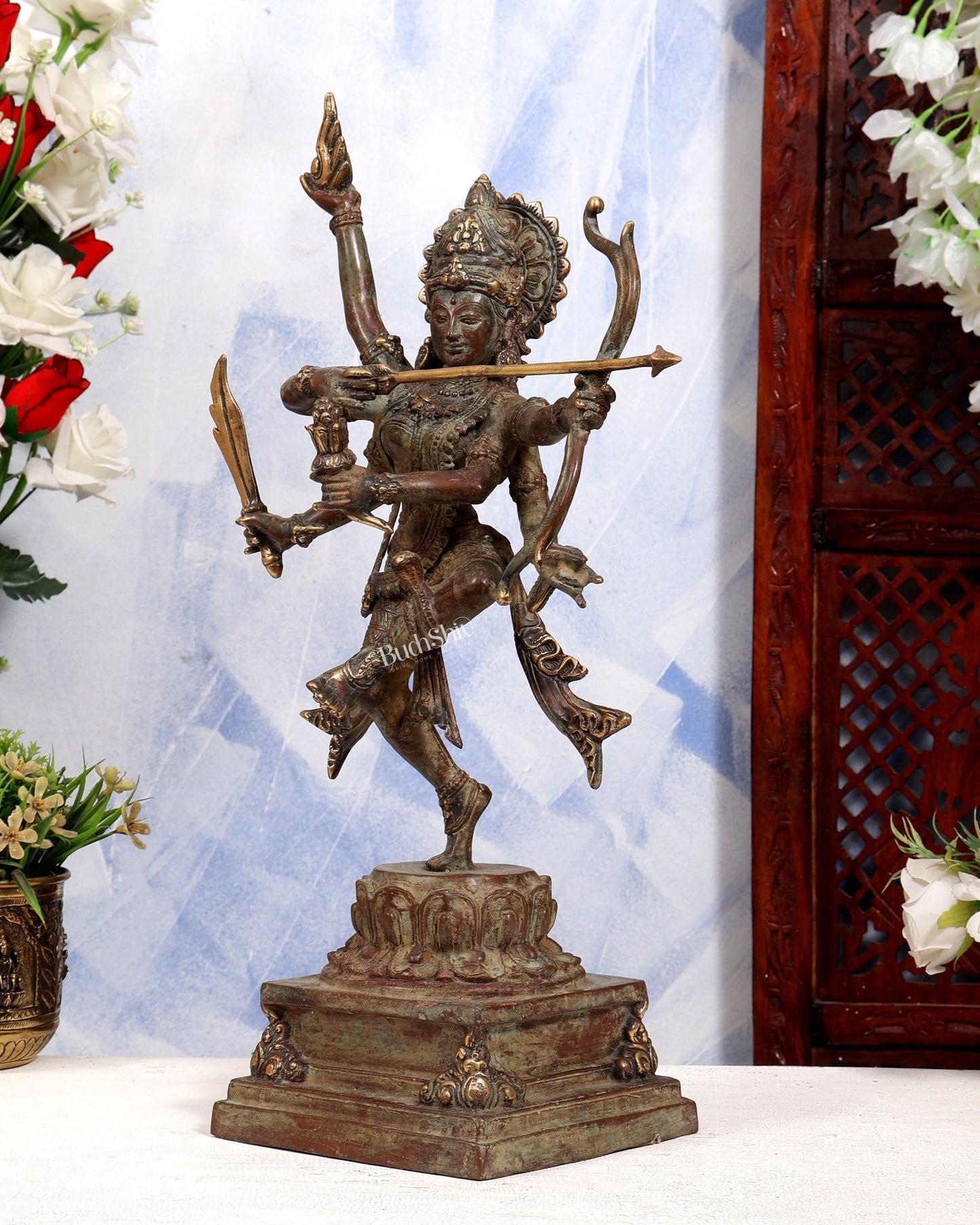Balinese Bronze Goddess Durga Shakti Shooting Arrow Sculpture | Pure Bronze Warrior Goddess | Sacred Art 18 inch - Budhshiv.com