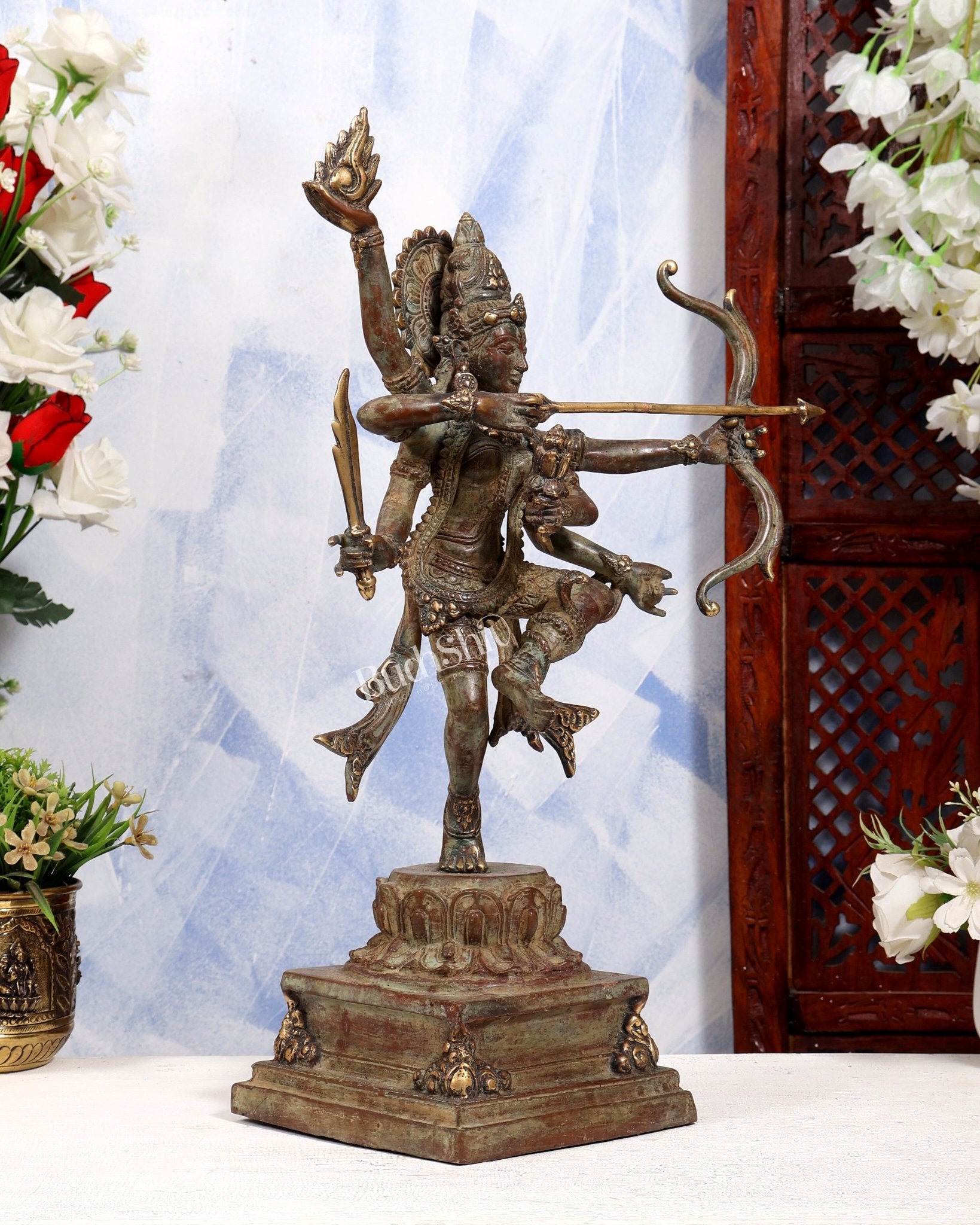 Balinese Bronze Goddess Durga Shakti Shooting Arrow Sculpture | Pure Bronze Warrior Goddess | Sacred Art 18 inch - Budhshiv.com