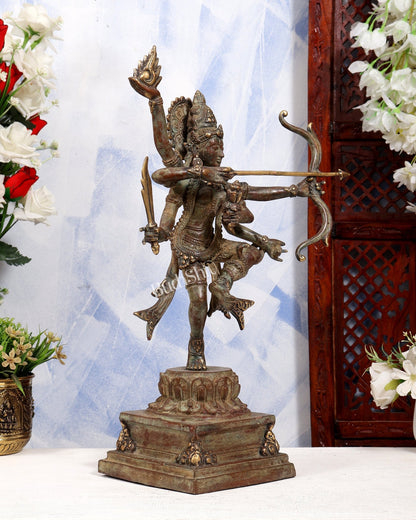 Balinese Bronze Goddess Durga Shakti Shooting Arrow Sculpture | Pure Bronze Warrior Goddess | Sacred Art 18 inch - Budhshiv.com